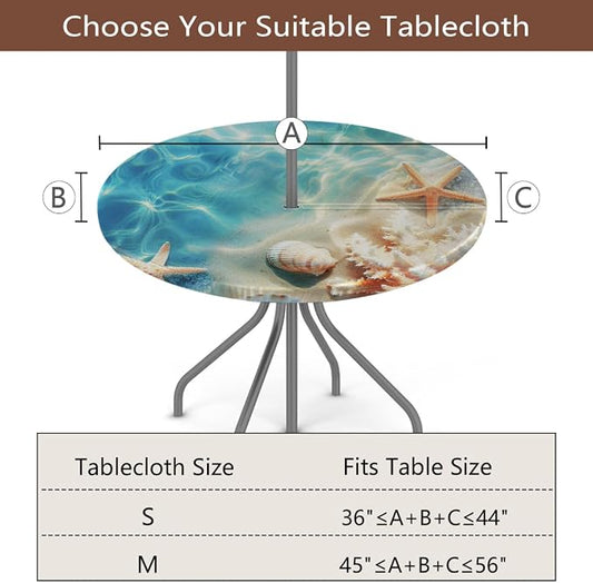 Round Outdoor Tablecloth with Umbrella Hole - Waterproof Patio Table Cover with Zipper Elastic Table Cloth Fits 36"-44" Tables for Party Cafe Garden Decor(Ocean Shells Starfish)