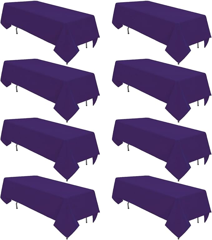 8 Pack Purple Tablecloth 60 x 126 Inch Rectangle For 8 Foot Tables | Wrinkle Resistant, Washable Polyester Fabric, Rectangular Table Cloth for Wedding Party Banquet Buffet and Camping