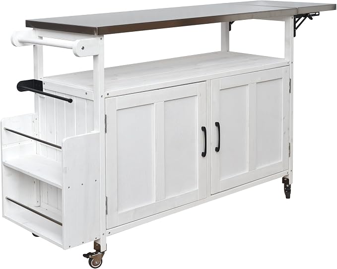 JIVOIT Outdoor Fir Wood Kitchen Island with Foldable Stainless Steel Top, Patio Mobile Kitchen Cart Portable Outdoor Cooking Island with Lockable Wheels, Storage Cabinet and Towel Rack (White/124)