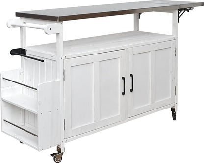 JIVOIT Outdoor Fir Wood Kitchen Island with Foldable Stainless Steel Top, Patio Mobile Kitchen Cart Portable Outdoor Cooking Island with Lockable Wheels, Storage Cabinet and Towel Rack (White/124)