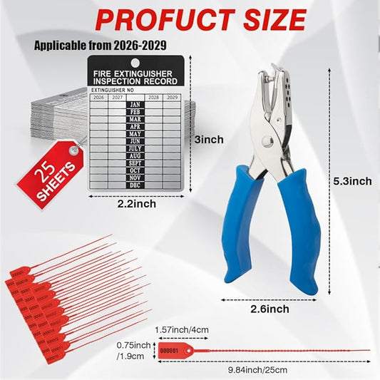 25 Sets 2026–2029 Fire Extinguisher Tags Aluminum Metal Inspection Record Tags 2.2 x 3 Inch with Hole Puncher & Numbered Security Zip Ties for Monthly Fire Extinguisher Inspection Indoor Outdoor