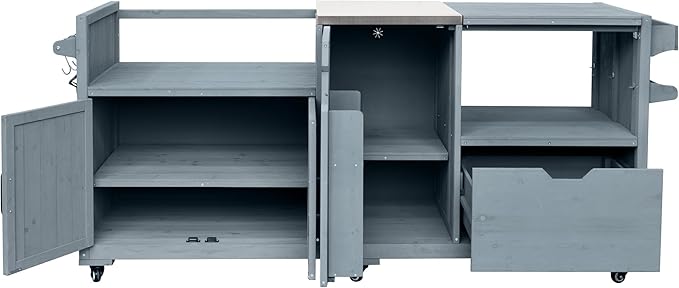 LUMISOL Outdoor Grill Cart with Stainless Steel Top, for Big Green Egg, Rolling Kitchen Island for 21"/28" Blackstone Griddle, 80.5" Solid Wood Kitchen Table with Drawer, Grey+Blue