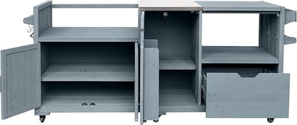 LUMISOL Outdoor Grill Cart with Stainless Steel Top, for Big Green Egg, Rolling Kitchen Island for 21"/28" Blackstone Griddle, 80.5" Solid Wood Kitchen Table with Drawer, Grey+Blue