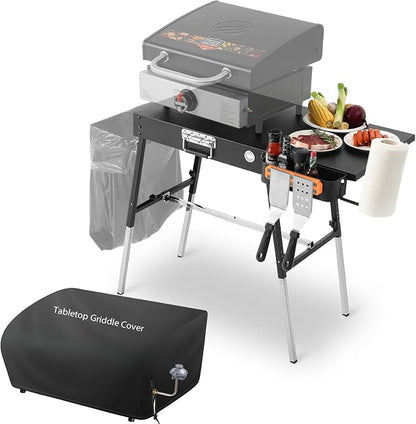 Grill Table& Griddle Cover, Blackstone Griddle Stand for 17" 22" | Folding Portable Ninja Grill Stand with Trash Holder, Blackstone Table for Outdoor Tailgate, Camping