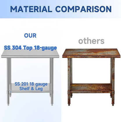 ROCKPOINT SS304 Top All Stainless Steel Table for Prep & Work 24x48 Inches, NSF Commercial Kitchen Heavy Duty Table with Adjustable Undershelf for Restaurant,Kitchen, Home and Hotel