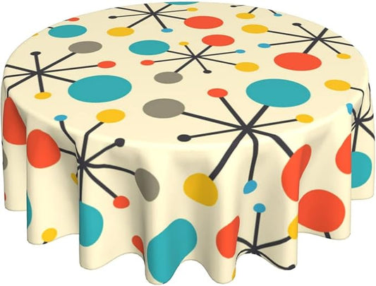 Mid Century Fifties Modern Atomic Retro Colors Tablecloth Washable Waterproof Round 60" Yellow Table Cloth for Parties Picnic Bbqs Kitchen Dining Room Decor Outdoor Indoor Table Covers