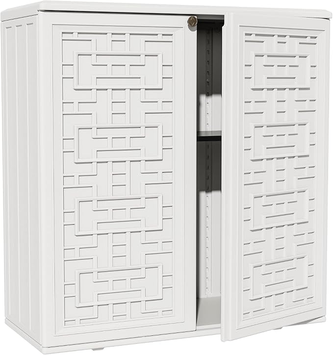 ZZM HDPE Outdoor Storage Shed, Outdoor Plastic Storage Cabinet, Horizontal Resin Tool Shed for Garden, All Weather Outdoor Storage Clearance, DIY Usage, with one Shelf (White)