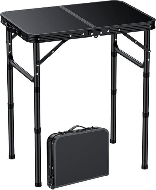 EYPINS Folding Camping Table Portable - Pure Black Aluminum 22.8x15.7'',3 Height Adjustable Small Outdoor Folding Table,Waterproof Lightweight Table with Carry Handle for Picnic,Cooking,BBQ,Beach