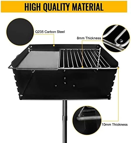 Park-Style Charcoal Grill, Heavy Duty Steel Outdoor BBQ Grill with Grate and Plate, Single Post Carbon Steel Park Grill for BBQ, Camping, Backyard,25x17 Inch with Plate
