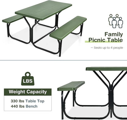 Picnic Table, Outdoor Dining Table with 2 Benches, Wood Grain Tabletop, Heavy Duty Metal Frame, Portable Picnic Table for Outdoors Backyard Garden Lawn Patio Poolside Deck (Green)