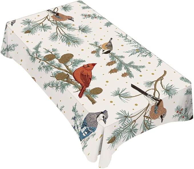 TKS MITLAN Winter Birds Tablecloth Decor Pine Tree Tit Robin Jay Bullfinch Bluebird Cardinal Pine Cones Berry Table Cloth Dining Room Kitchen Table Cover 60" X 84" Oblong/Rectangle