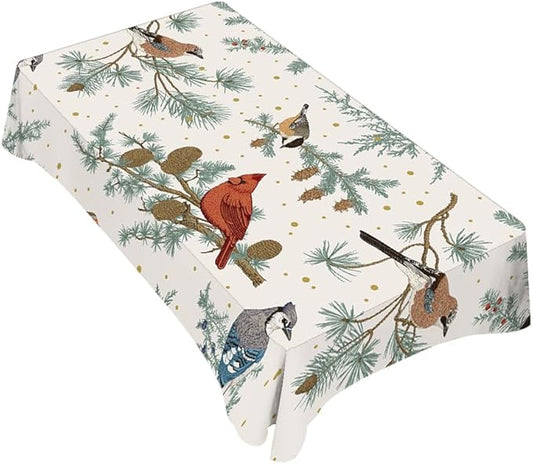 TKS MITLAN Winter Birds Tablecloth Decor Pine Tree Tit Robin Jay Bullfinch Bluebird Cardinal Pine Cones Berry Table Cloth Dining Room Kitchen Table Cover 60" X 84" Oblong/Rectangle