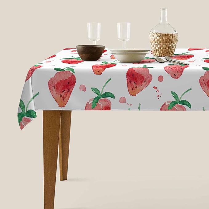 TKS MITLAN Red Strawberry Decorative Rectangle Tablecloth Summer Fruits Strawberry Leaves Polyester Table Cloths Kitchen Table Cover for Dining BBQ Picnic Coffee Table 60 x 84 Inch 6-8 Seats