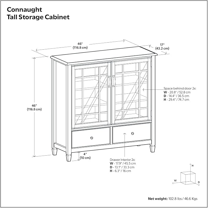 SIMPLIHOME Connaught 46" Solid Wood Tall Cabinet in Dark Chestnut Brown | Traditional tall console cabinet with glass doors, adjustable shelves and drawers for living or dining room storage.