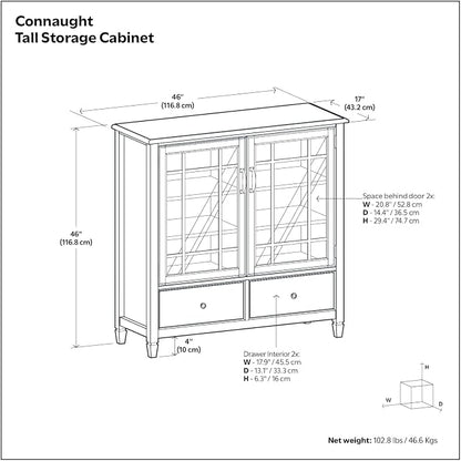 SIMPLIHOME Connaught 46" Solid Wood Tall Cabinet in Dark Chestnut Brown | Traditional tall console cabinet with glass doors, adjustable shelves and drawers for living or dining room storage.