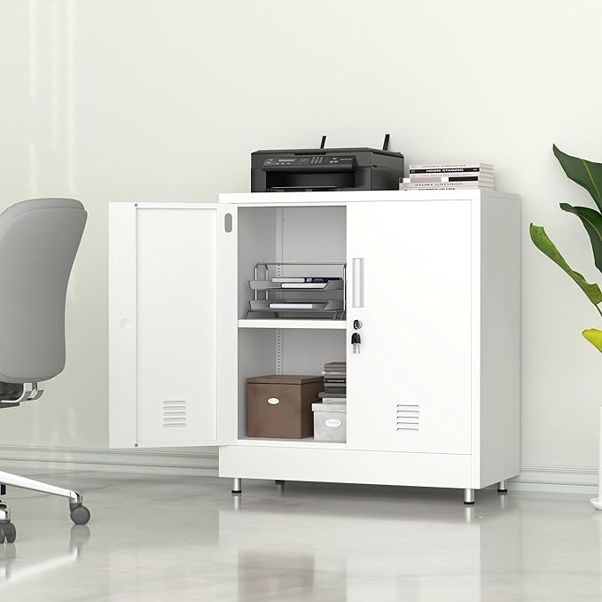 Metal Storage Cabinet with Locking Doors and Adjustable Shelf, Small Lockable Sideboard Buffet Cabinet for Home, Office, Entryway, Hallway, Living Room, Kitchen and Dining Room, White