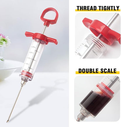 Meat Injector, Plastic Marinade Turkey Injector Syringe with Screw-on Meat Needle for Smoker BBQ Grill, 1-oz, Red, Recipe E-Book (Download PDF)