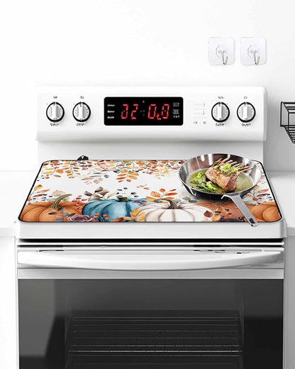 Stove Top Covers for Electric Stove 24x21 Inches, Fall Pumpkins HeatResistant Glass Cooktop Protector, Thanksgiving Weeping Leaves Watercolor Ceramic Stovetop Countertop Covers Vintage Mat, Oven Cover