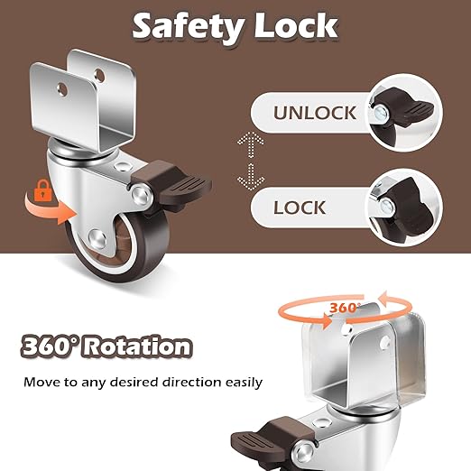 Nefish 2 Inch Caster Wheels with 3/4” (20 mm) U Bracket, Small Rubber Casters Set of 4 with Brake, 360 Degree Ball Bearing Plate Swivel Castors Wheels, Crib Caster Wheels for Dresser, Cabinet, Desk