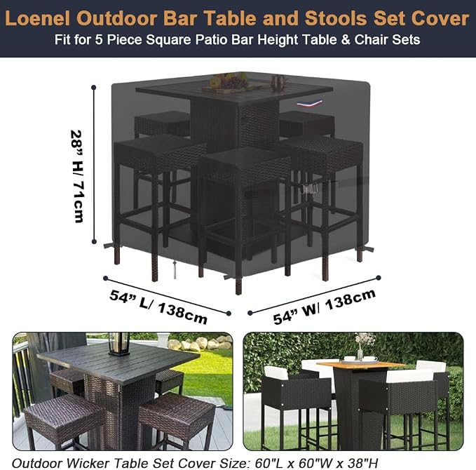 Outdoor Waterproof Furniture Set Bar Table Cover, 54"L x 54"W x 28"H | Patio Table Covers for 4 x 4 FT Outside Dining Table and Chairs Seating, Square Outdoor Cover with Handle, Drawstring, Buckle