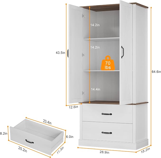 GarveeHome Kitchen Pantry Cabinet, Farmhouse Storage Cabinet with Barn Doors, Drawers and Adjustable Shelves, Versatile Storage for Kitchen, Dining Room, Rustic White