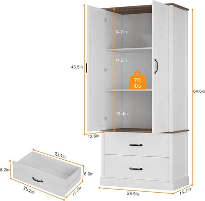 GarveeHome Kitchen Pantry Cabinet, Farmhouse Storage Cabinet with Barn Doors, Drawers and Adjustable Shelves, Versatile Storage for Kitchen, Dining Room, Rustic White