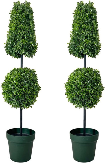Admired by Nature 38" Artificial Ball-Shaped Topiary Tree - for Home Decor, Offices, Front Porches, Indoor & Outdoor Faux Trees with Green Pot - Set of 2, Green