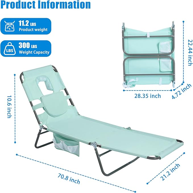 SUNNYFEEL Beach Lounge Chair, Reclining Beach Chairs Lay Flat, Sun Face Down Tanning Chair, Folding Camping Chairs Portable Camp Cot with Backpack Straps for Outdoor/Picnic/Lawn