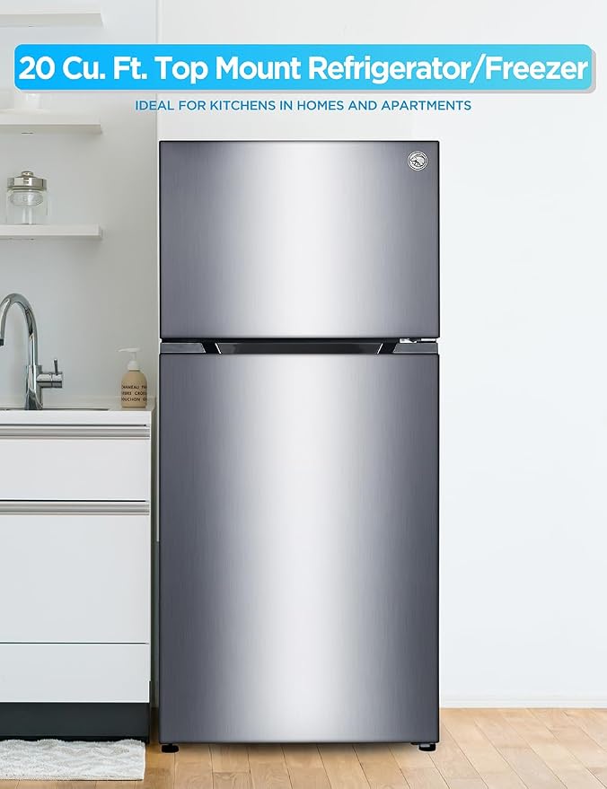 Commercial Cool 20 Cu. Ft. Top Mount Refrigerator with Freezer, 2-Door Refrigerator with Top Freezer and Adjustable Temperature Control, Ice Maker Ready, Energy Star Certified, Stainless Look | 2-Door Refrigerator with Top Freezer, Adjustable Temperatu...