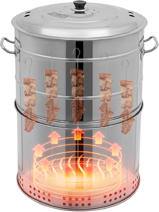 Vertical Charcoal Smoker Grill Barrel Grill, 16" Large Portable Charcoal Grills with 50 Skewers, Stainless Steel Barbecue Grill for Outdoor Cooking, 360° Heating Camping Grills with Ash Tray