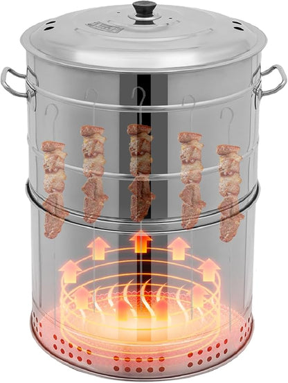 Vertical Charcoal Smoker Grill Barrel Grill, 16" Large Portable Charcoal Grills with 50 Skewers, Stainless Steel Barbecue Grill for Outdoor Cooking, 360° Heating Camping Grills with Ash Tray