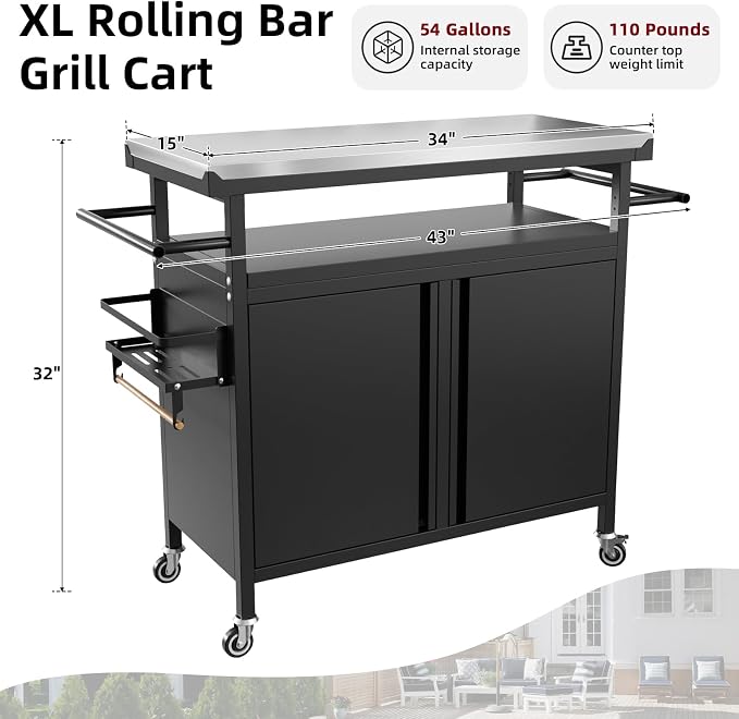 Outdoor Grill Cart Bar Cart with Storage Cabinet for Grilling Accessories