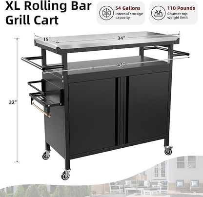 Outdoor Grill Cart Bar Cart with Storage Cabinet for Grilling Accessories