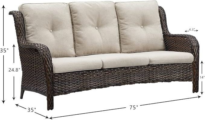 Rilyson Outdoor Patio Wicker Sofa, 900Lbs Weight Capacity Large 3 Seater Wicker Patio Couch with 4in Seat Cushions and Deep Seating, All Weather for Backyard, Garden, Poolside (Brown/Beige)
