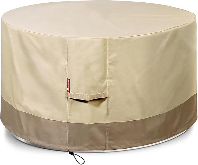 SheeChung Fire Pit Cover Round 44" D x 24" H Waterproof 600D Heavy Duty Patio Gas Fire Pit Cover,Large Shelter Fits 40-44 Inch Outdoor Firepit Table Beige