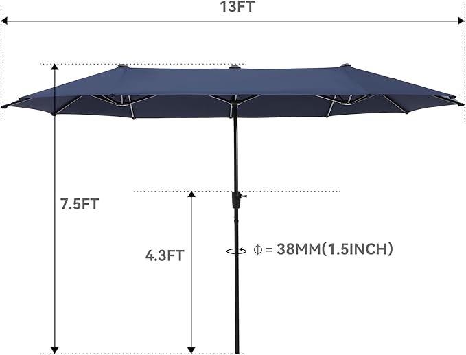 GREEN PARTY 13 ft Outdoor Patio Umbrella, Large Rectangular Table Umbrellas | Double-Sided, UV & Fade Resistant Canopy for Deck Poolside Garden Backyard, Market Umbrella with Crank & 1.5" Pole, Navy Blue