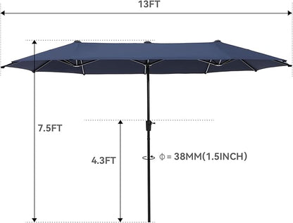 GREEN PARTY 13 ft Outdoor Patio Umbrella, Large Rectangular Table Umbrellas | Double-Sided, UV & Fade Resistant Canopy for Deck Poolside Garden Backyard, Market Umbrella with Crank & 1.5" Pole, Navy Blue