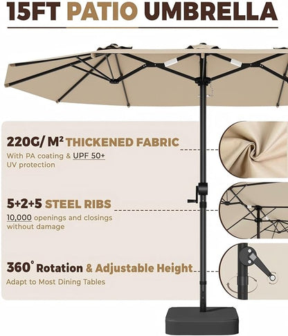 GDPFN 15FT Large Patio Umbrella with Base Included, Outdoor Deck Standing Umbrella with Crank Handle, Double-Side Rectangular Pool Umbrella for Outside, Market, Patio, Beige