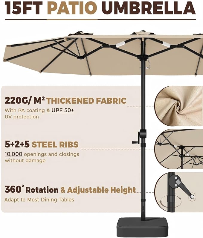 GDPFN 13FT Large Patio Umbrella, Outdoor Deck Standing Umbrella with Crank Handle, Double-Side Rectangular Pool Umbrella for Outside, Market, Patio, Beige (Base Not Include)