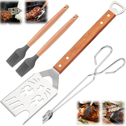 Grilling Accessories, BBQ Grill Tools Set with Spatula, Tongs, Brush & Bottle Opener, Stainless Steel Outdoor Barbecue Kit, Funny Grilling Gifts for Men