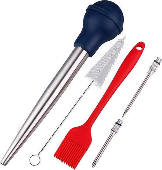 Turkey Baster Set, 18/8 Stainless Steel Turkey Baster Syringe for Cooking, Meat Injector Baster with 2 Needles & 2 Cleaning Basting Brush, Baster for Flavor Meat Poultry, Beef&Chicken Blue
