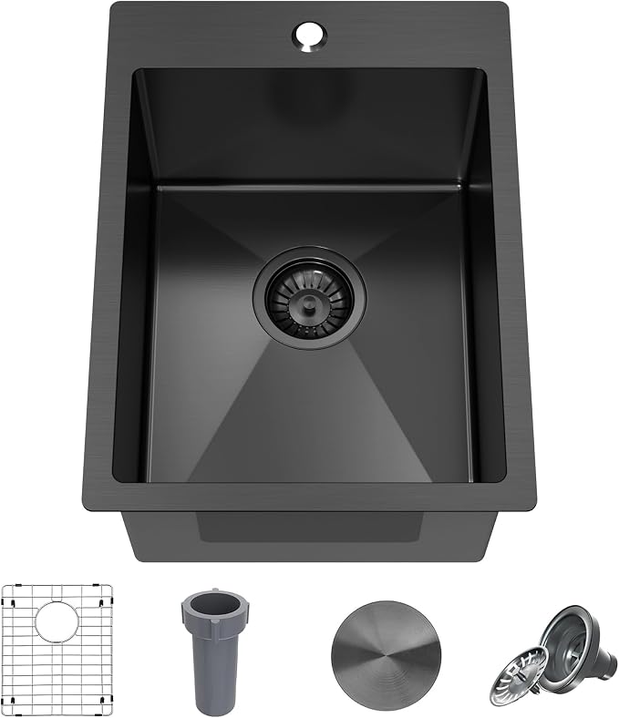 15 x 20 Inch Drop In Bar Sink Black, 18 Gauge Gunmetal Black Stainless Steel Single Bowl Topmount Wet Bar & RV Sink with Bottom Grid & Basket Strainer