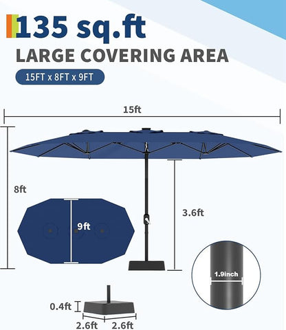 GarveeLife 15 ft Large Patio Umbrella with Lights, 36 LED Lights Double-sided Patio Umbrella with Weighted Base for Poolside Garden Backyard