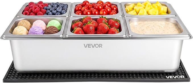 VEVOR Countertop Food Serving Display Container, Stainless Steel Food Salad Server Tray, Buffet Condiment Dispenser, Ice Cooled Rack with Separate Lid, for Restaurant, Hotel, Party (6x1/6 Pan)
