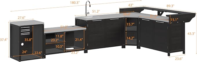MOUMON Patio Kitchen Storage Cabinet Set, Solid Cedar Patio Prep Table Set for Grilling, Outdoor Cooking Station, Dark Grey