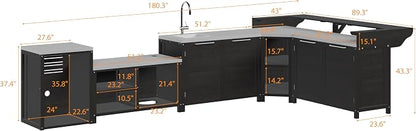 MOUMON Patio Kitchen Storage Cabinet Set, Solid Cedar Patio Prep Table Set for Grilling, Outdoor Cooking Station, Dark Grey