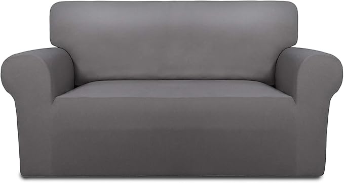 PureFit Stretch Loveseat Covers Fleece Couch Covers for Sofa Light Gray | 1-Piece Sofa Slipcover Soft Couch Protector, Sofa Cover Washable with Non Skid Foam and Elastic Bottom for Kids, Dogs