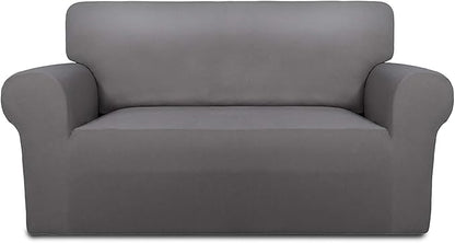 PureFit Stretch Loveseat Covers Fleece Couch Covers for Sofa Light Gray | 1-Piece Sofa Slipcover Soft Couch Protector, Sofa Cover Washable with Non Skid Foam and Elastic Bottom for Kids, Dogs