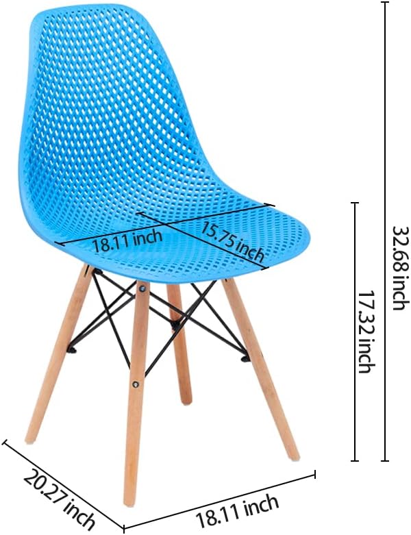 CangLong Dining Mid Century Modern Hollow Back Design Plastic Shell Armless Side Chair with Beech Wood Legs, Set of 2, Blue 1