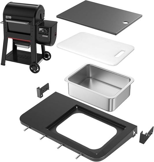 Utheer Front Folding Grill Table for Weber Searwood 600 – 23" x 12.5" Large Front Shelf with Stainless Steel Basin, Works Cutting Board, Lid & 5 Hooks, Heavy-Duty Weber Searwood 600 Accessories